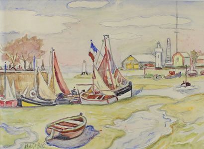 Henri Liénard de SAINT-DELIS (1878 - 1949) Les voiliers au port.
Aquarelle signée...