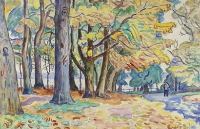 Henri Liénard de SAINT-DELIS (1878 - 1949) Promenade en forêt.
Aquarelle signée en...