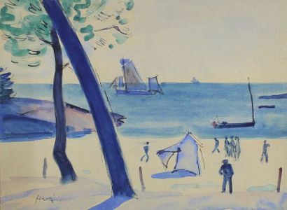 Edmond Amédée HEUZÉ (1884 - 1967) Scène de plage.
Aquarelle signée en bas à gauche.
Vue:...