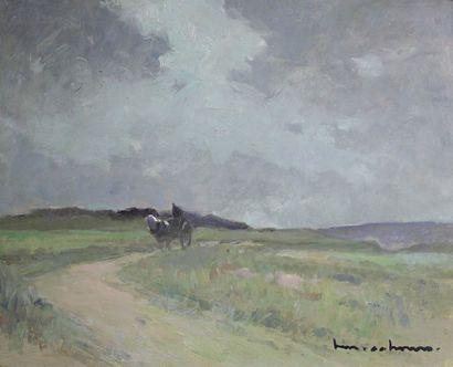 Henri Maurice CAHOURS (1889 - 1954) Charrette dans un paysage.
Huile sur isorel signé...