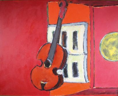 Ion PACEA (1924 - 1999) Nature morte à la guitare sur fond rouge.
Huile sur toile...