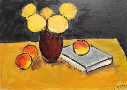 Ion PACEA (1924 - 1999) Nature morte aux pommes et livres.
Huile sur carton signée...