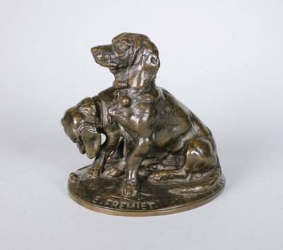 EMMANUEL FREMIET (1824 - 1910) Deux chiens.
Epreuve en bronze à patine brun nuancé....