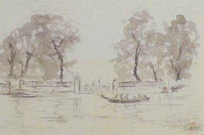 Félix ZIEM (1821-1911) Jardin français à Venise.
Lavis d'encre portant le cachet...