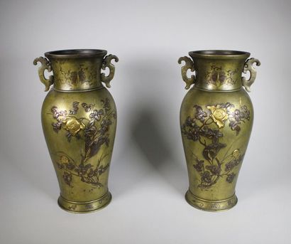 null Paire de vases balustres en bronze à patine polychrome décoré de fleurs et d'oiseaux....