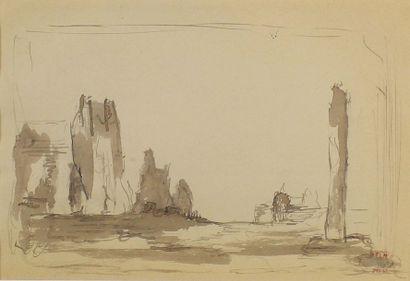 Félix ZIEM (1821-1911) Etude de paysage.
Lavis d'encre portant le cachet d'atelier...