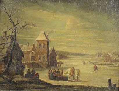 Ecole hollandaise du XIXe d'après Wouwermans (XVIIe siècle) Paysan et patineurs en...