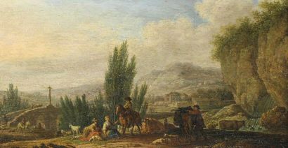 ECOLE DU XVIIIe SIÈCLE Cavaliers et personnages dans un paysage.
Huile sur panneau.
15...