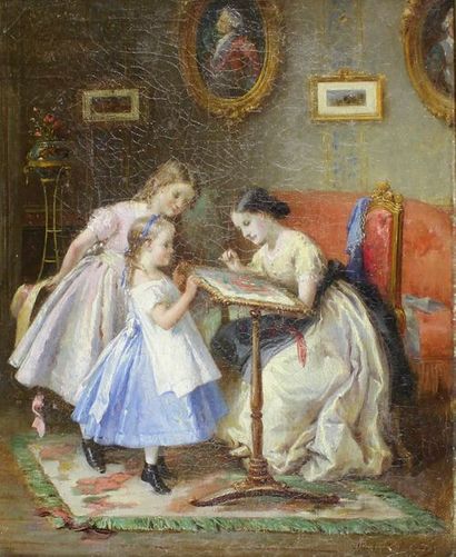 François Louis LANFANT de METZ (1814 - 1892) La broderie.
Huile sur toile signée...
