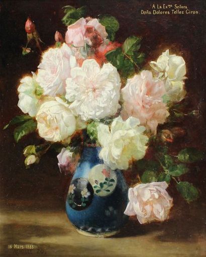 Achille ZO (1826 - 1901) Bouquet de fleurs dans un vase bleu, 1883.
Huile sur toile...