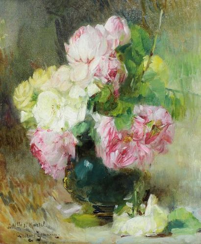 Georges JEANNIN (1841 - 1925) Roses dans un vase bleu.
Huile sur toile signée et...