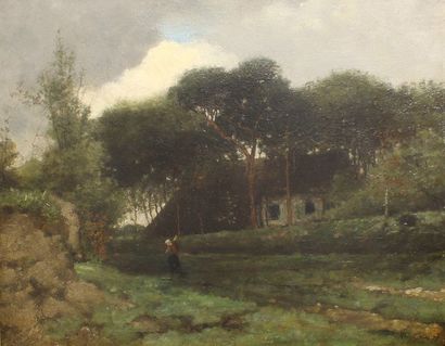 Henri Joseph HARPIGNIES (1819 - 1916) Promeneuse sur le chemin, 1879.
Huile sur toile...