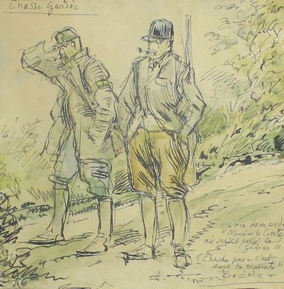 Georges TIRET-BOGNET (1855-1935) Scène de chasse humoristique.
Aquarelle signée en...