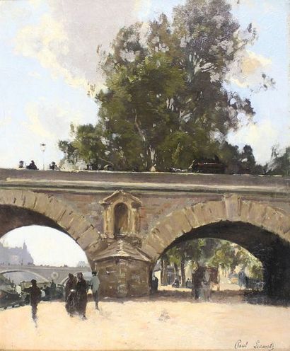 Paul Lecomte (1842 - 1920) Sur les quais au Pont-Marie à Paris.
Huile sur toile signée...