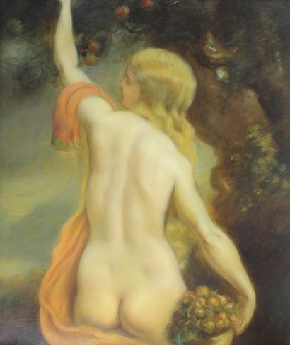 CHENIER (Vers 1900) Baigneuse.
Huile sur toile.
56 x 46 cm.