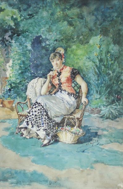 Manuel GARCIA HISPALETO (1836 - 1898) Femme au panier fleuri.
Aquarelle signée en...