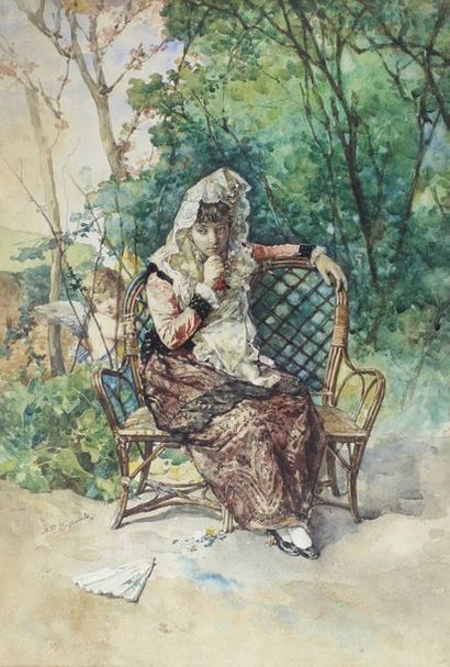 Manuel GARCIA HISPALETO (1836 - 1898) Femme à l'éventail.
Aquarelle signée en bas...