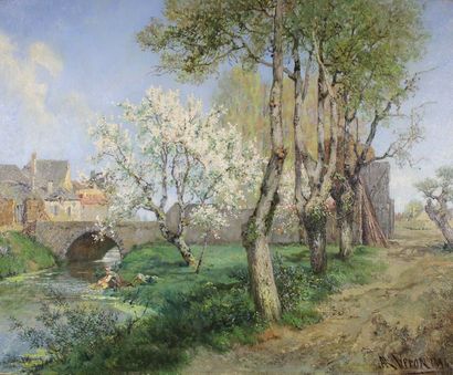 Alexandre René VÉ RON (1826 - 1897) La lavandière au printemps, 1896.
Huile sur toile...