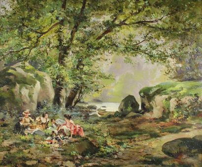 A. G. RECOLIN (XXe siècle) Déjeuner sur l'herbe, 1900.
Huile sur toile signée et...