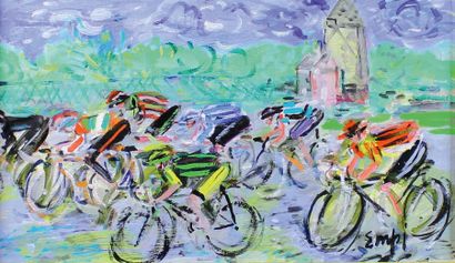 Maurice EMPI (Né en 1933) Cyclistes à Longchamp.
Huile sur toile signée en bas à...