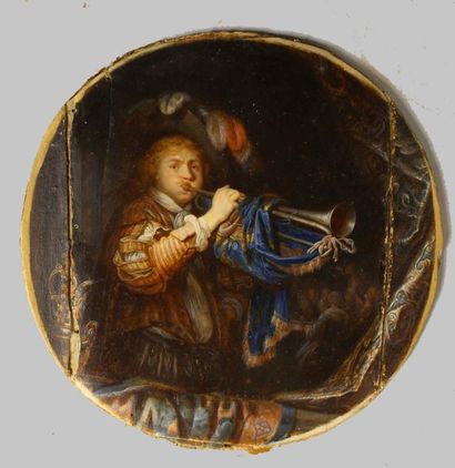 Ecole française vers 1800, d'après Gérard Dou La trompette.
Gouache, agrandie sur...