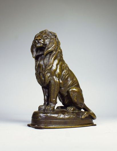 Antoine Louis BARYE (1796 - 1875) Lion assis.
Epreuve en bronze à patine brune. Fonte...