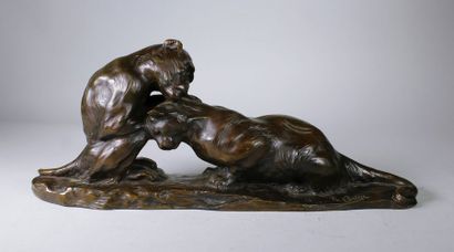 Thomas François CARTIER (1879 - 1943) Singe et chat.
Epreuve en bronze à patine brune....