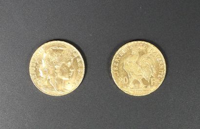 null Deux pièces en or de 20 francs Coq de Chaplain 1908 et 1908.