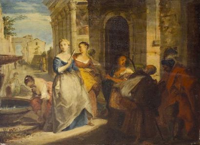 Nicolas VLEUGHELS (Paris 1668- Rome 1737) Femmes italiennes autour d'une fontaine.
Panneau...