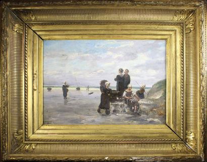 Bon Prosper LEPESQUEUR (1846-1921) Les pêcheurs sur la plage.
Huile sur toile signée...