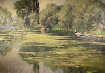 Louis ABEL-TRUCHET (1857-1918) Les barques sur l'étang.
Huile sur toile signée en...