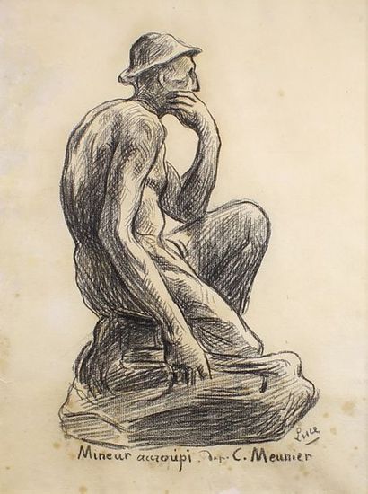 Maximilien Luce (1858-1941) L'accroupi de Constantin Meunier.
Dessin au crayon gras...
