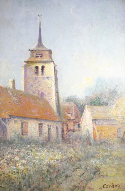 Charles CORDEY (XXe siècle) L'église du village.
Huile sur toile signée en bas à...