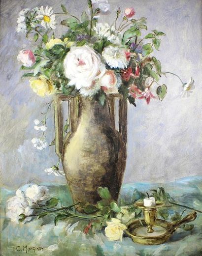 Charles MONGINOT (1825 - 1900) Bouquet dans un vase-amphore.
Huile sur panneau signé...