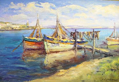 Georges LAPCHINE (1885 - 1950/51) Les barques de pêche.
Huile sur toile signée en...
