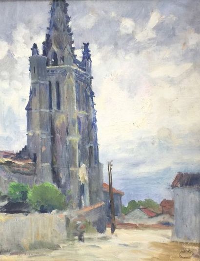 «Paul MORCHAIN» (1876-1939). Vue de l'église.
Huile sur toile. Cachet de l'atelier...