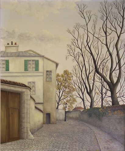 Maurice BONNIN (1911-1993) «Passy rue Berton», 1959.
Huile sur toile signée en bas...