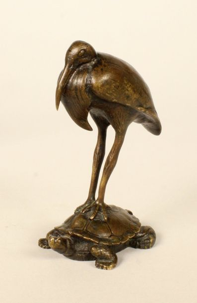 Antoine Louis Barye (1796-1875) Cigogne posée sur une tortue.
Epreuve en bronze à...