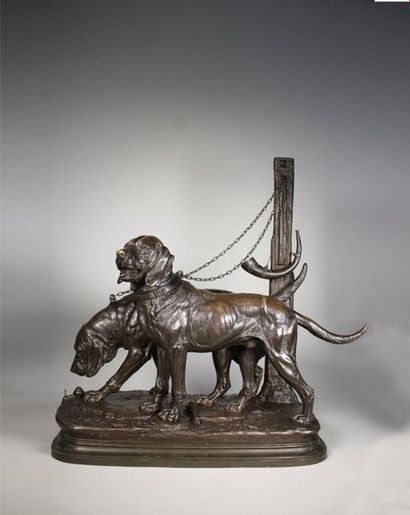 Edouard Paul DELABRIERRE (1829-1912) Chiens de chasse à l'attache.
Epreuve en bronze...