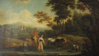 École du XIXe siècle Scène pastorale.
Huile sur toile.
37 x 62 cm