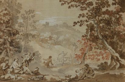 Ecole de Charles NATOIRE (1700-1777) Vue de Monte Porzio Catone avec scène mythologique.
Plume...