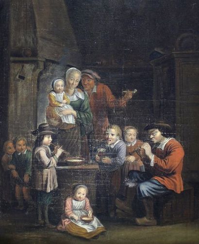D'après Jan Jozef I HOREMANS (1682-1752) Scène d'auberge.
Huile sur toile (Cartouche...