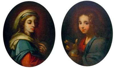 ECOLE DU XVIIIe SIÈCLE Le Christ et Marie.
Paire d'huiles sur toile à vues ovales.
41...