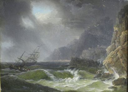 Pierre Joseph WALLAERT (1753-c.1812) Marine par gros temps.
Huile sur toile.
24,5...