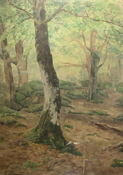 G. BRISGAND En forêt de Fontainebleau.
Aquarelle signée en bas à gauche.
76,5 x 53...