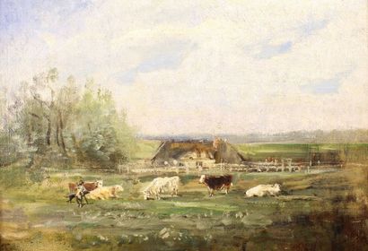 École du XIXe siècle Vaches au pré devant la ferme.
Huile sur toile monogrammée en...