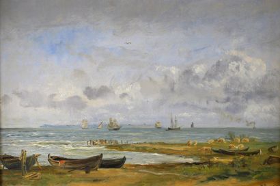 Henri-Arthur BONNEFOY (1839-1917) Le rivage.
Huile sur panneau signé en bas à droite.
26,5...