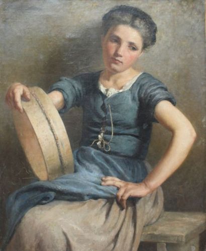 École de la fin du XIXe siècle Femme au tambourin.
Huile sur toile.
73 x 60 cm