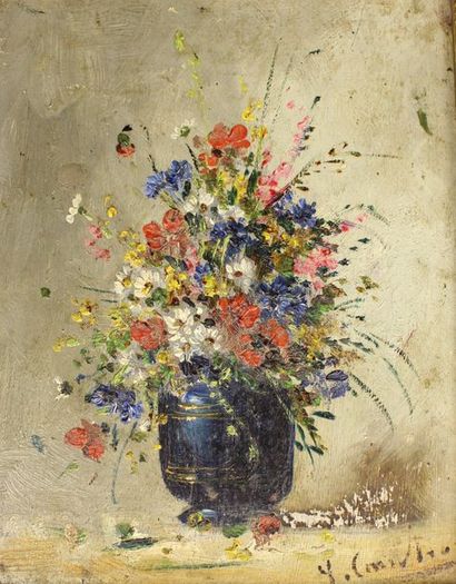 COMERRE ou CAUCHOIS? Bouquet de fleurs.
Huile sur panneau portant une signature en...