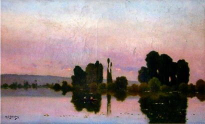 Henri-Jacques DELPY (1877 - 1957) Promeneurs en barque au coucher de soleil.
Huile...